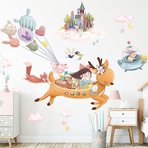 Barrageon Wandtattoo Kinderzimmer Wandaufkleber Aquarell Selbstklebend DIY Kunst Wanddekor Mädchen Junge Schlafzimmer Spielzimmer Kindergarten Schule Wandbild (Fliegender Elch), 30*90cm (2PCS) von Barrageon