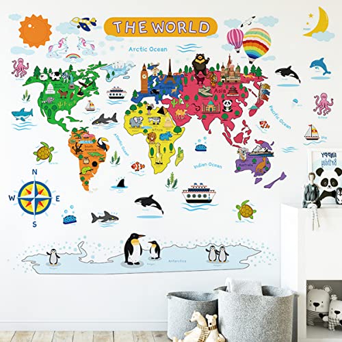 Barrageon Weltkarte Wandtattoo Aquarell Selbstklebend DIY Kinderzimmer Wandaufkleber Kunst Wanddekor Wohnzimmer Schlafzimmer Spielzimmer Kindergarten Schule von Barrageon