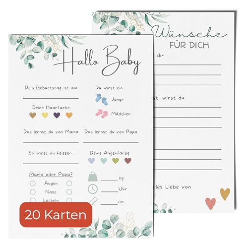 20 Ratespielkarten für Babypartys - Babyparty Spiele für Gender-Reveal-Party und Babyshower, Tippkarten für Baby Mädchen und Jungen 20 Stück (Eukalyptus) von Bartschibär