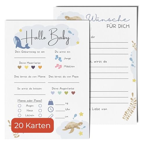 20 Ratespielkarten für Babypartys - Spiele für Gender-Reveal-Party und Babyshower, Tippkarten für Baby Mädchen und Jungen (Wasser, 20 Karten) von Bartschibär