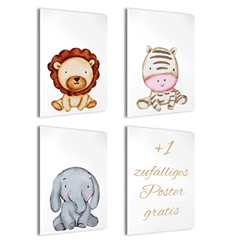 Bartschibär 3 Kinderzimmer Poster Set - Wandbilder, Deko Bilder Kinderzimmer - Kinderzimmer Poster - Mädchen und Jungen, Babyzimmer Deko, Wandposter (Löwe, Elephant, Zebra, A4) von Bartschibär