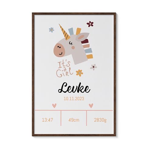 Bartschibär Minimalistisches Geburtsposter personalisiert mit Geburtsdaten und Namen, DIN A4 Poster, Geschenk zur Geburt für Eltern Mama und Papa, Baby, Taufe - ohne Rahmen (Einhorn) von Bartschibär