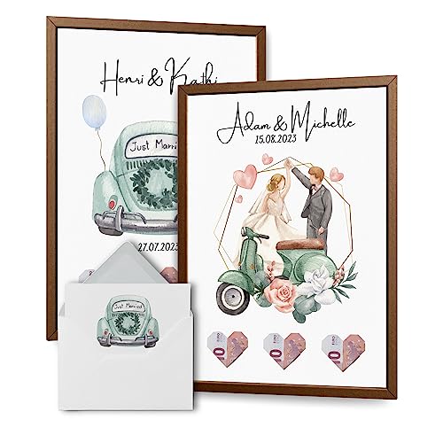 Personalisierbares Geldgeschenk für die Hochzeit – Ein originelles Hochzeitsgeschenk fürs Brautpaar – Din A4 mit Karte und schönem Briefumschlag (Hochzeitsauto/Hochzeitsvespa in Grün) von Bartschibär