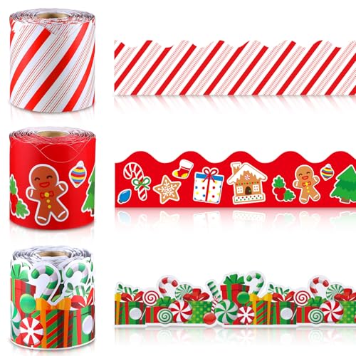 Barydat 3 Rollen Candy Lebkuchenmann Geschenkbox Pinnwand Bordüre Weihnachten Thema Bordüre Dekoration Weihnachten Winter gerollte Bordüre für Party Klassenzimmer Pinnwände Kreidetafel Wanddekoration von Barydat