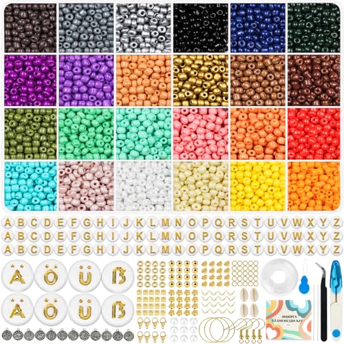 Baseola 5600 Pcs 4mm Perlen set mit 300 Buchstabenperlen, 24 Bunte Glasperlen mit Ä Ü Ö ẞ, Geschenkidee Perlen zum Auffädeln, Kinder Mädchen DIY Perlen für Armbänder und Schmuck, Weihnachten von Baseola