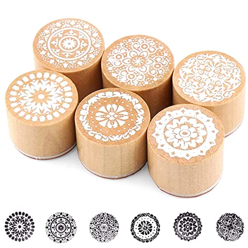 Pack of 6 Wooden Gummistempel,Wooden Craft Stempel Set,Vintage Different Floral Holz Stempel,Round Wooden Retro Motivstempel,Rubber Stamps, for Stamps DIY Scrapbooking and Card Making Decoration von Basetousual