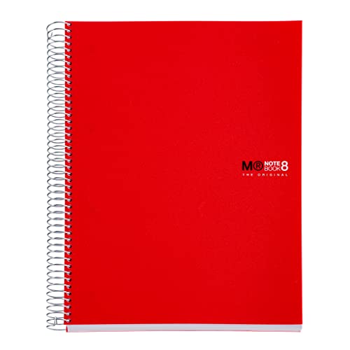 Miquelrius - Notizbücher A4 The Original Notebook, 8 farbige Streifen, Undurchsichtiger Polypropylen-Einband, Format A4 (210 x 297 mm), 4-Loch-Lochung, 200 Blatt mit 70 g/m², Raster 5 mm, Rot von Miquelrius