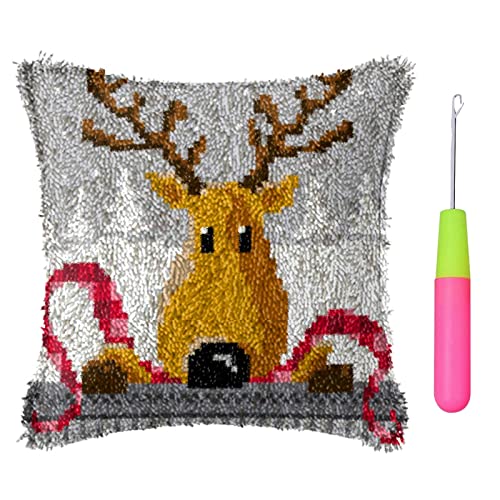 Basketballkorb Knüpfteppich Zum Selber Knüpfen Erwachsene, 43cm Weihnachten Knüpfkissen Herstellung Kits, Kissenbezug Knüpfset mit Häkelnadel (Color : Reindeer) von Basketballkorb