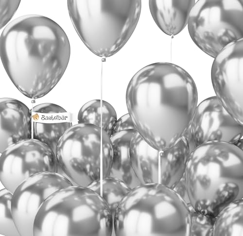 BIO Luftballons Silber [25 Stück] Glänzend/Chrome • Ø38cm XXL • MADE IN EU • Umweltbewusst & Kompostierbar Premium Bio Ballons Silber • 100% Naturlatex • Silber Luftballon - Luftballons Geburtstag von Bastelbär