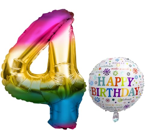 Luftballon 4. Geburtstag • XXL Riesen Folienballon SET • 101cm + 45 cm Ballon + 5M Deko Band • Folienballon 4 • Helium geeignet • Wiederverwendbar • Geburtstagsdeko Jungen Mädchen Ballon Zahl Ballon 4 von Bastelbär