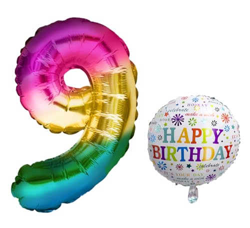 Luftballon 9. Geburtstag • XXL Riesen Folienballon SET • 101cm + 45 cm Ballon + 5M Deko Band • Folienballon 9 • Helium geeignet • Wiederverwendbar • Geburtstagsdeko Jungen Mädchen Ballon Zahl Ballon 9 von Bastelbär