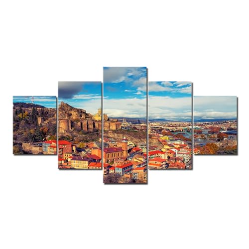 BatTtx Kunstdruck Georgien Tiflis Alte Hauptstadt Landschaft 5 Panel Hd-Druck Poster Leinwand Malerei Familie Wohnzimmer Schlafzimmer Dekorativ Rahmenlos 100x55cm von BatTtx