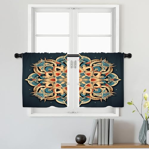 Batmerry 2 Stück Verdunkelungsvorhänge, Mandala-Muster, komplexe Kreismuster, Fensterbehandlung, Kurzgardinen aus Polyester, mehrlagig, für Wohnzimmer/Badezimmer, 66 x 61 cm von Batmerry