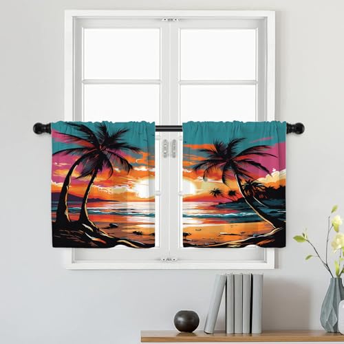 Batmerry 2 x Kurzgardinen aus Polyester, mehrlagig, für Wohnzimmer, Badezimmer, Sonnenuntergang, Strand, tropische Meereslandschaft, 66 x 61 cm von Batmerry