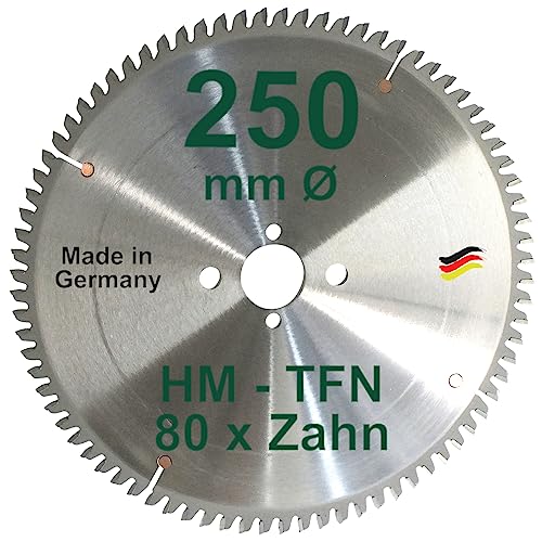 HM Sägeblatt 250 x 30 mm Zähne 80 TFN Kreissägeblatt Hartmetall 250mm Ersatzsägeblatt Trapez Flachzahn mit Spanabweiser Handkreissäge Kreissäge Negativ von BauSupermarkt24