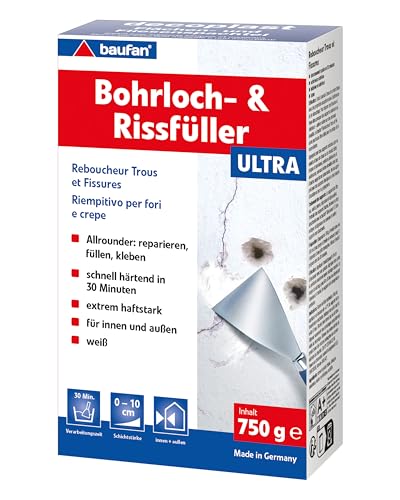 Baufan Bohrloch- und Rissfüller Weiß 750g I Schnell erhärtende Spachtelmasse I Bohrloch Füllung für innen & außen I Ausbessern von Rissen und Löchern von Baufan