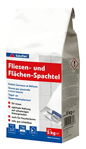 Baufan Fliesen- & Flächen-Spachtel Weiß 5kg I Spachtelmasse mit optimaler Haftung, auch auf schwierigen Untergründen I Für innen I Sehr gut schleifbar von Baufan