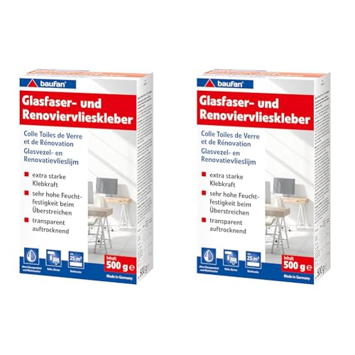 Baufan Glasfaser- und Renoviervlieskleber 500g I Starker Tapetenkleister für schwere Wandbeläge & Raufaser I Ohne Lösungsmittel I Für Rolle & Bürste (Packung mit 2) von Baufan