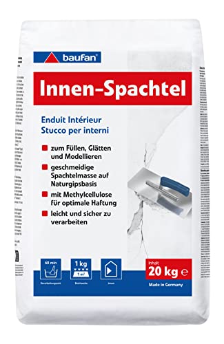 Baufan Innen-Spachtel Weiß 20kg I Zum Füllen, Glätten & Modellieren I Schnell härtende Spachtelmasse für innen & außen I Ausbessern von Rissen & Löchern von Baufan