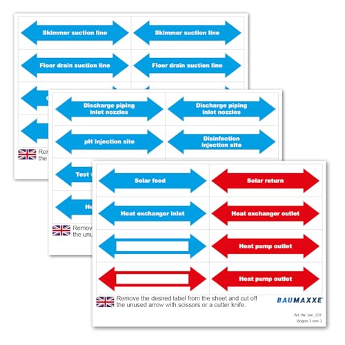 Baumaxxe Etiketten zur Rohr-Kennzeichnung für Pool-Verrohrungen I Sprache Englisch I 24 Aufkleber I 5 x 2 cm I mit Blanko Pfeilen zum Beschriften I Fließrichtung Pfeil-Aufkleber I bm337 von Baumaxxe