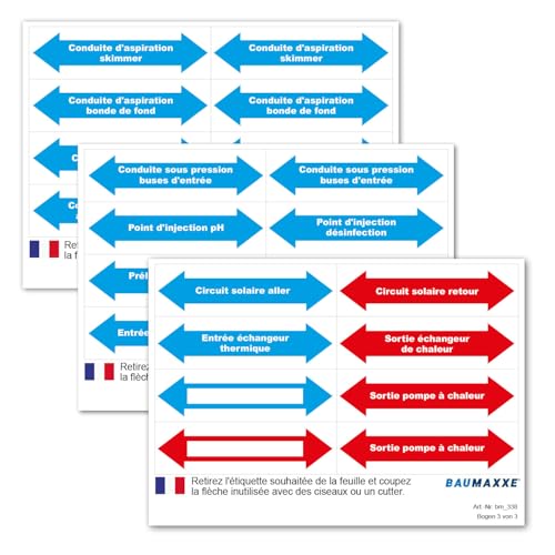 Baumaxxe Etiketten zur Rohr-Kennzeichnung für Pool-Verrohrungen I Sprache Französisch I 24 Aufkleber I 5 x 2 cm I mit Blanko Pfeilen zum Beschriften I Fließrichtung Pfeil-Aufkleber I bm338 von Baumaxxe
