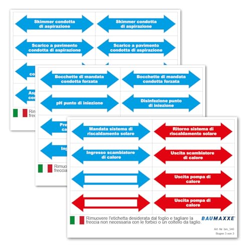 Baumaxxe Etiketten zur Rohr-Kennzeichnung für Pool-Verrohrungen I Sprache Italienisch I 24 Aufkleber I 5 x 2 cm I mit Blanko Pfeilen zum Beschriften I Fließrichtung Pfeil-Aufkleber I bm340 von Baumaxxe