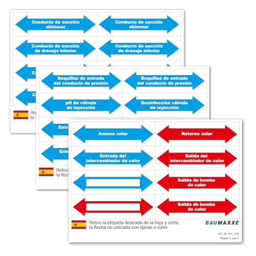 Baumaxxe Etiketten zur Rohr-Kennzeichnung für Pool-Verrohrungen I Sprache Spanisch I 24 Aufkleber I 5 x 2 cm I mit Blanko Pfeilen zum Beschriften I Fließrichtung Pfeil-Aufkleber I bm339 von Baumaxxe
