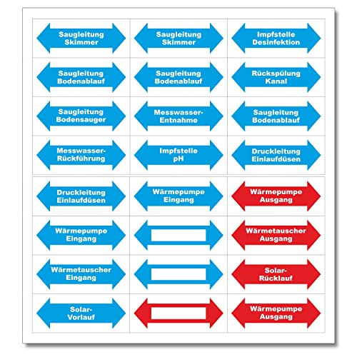 Etiketten zur Rohr-Kennzeichnung für Pool-Verrohrungen I 24 Aufkleber I 50 x 20 mm I mit Blanko Pfeilen zum Beschriften I Fließrichtung Pfeil-Aufkleber I bm221 von Baumaxxe