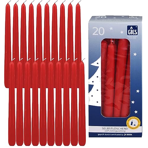 GIES KERZEN SET ROT | 20er Pack selbstlöschende Baumkerzen Wachs 12,4 cm x 1,2 cm - Weihnachtskerzen Pyramidenkerzen Christbaumkerzen | Handgetauchte Qualität von Baumkerzen