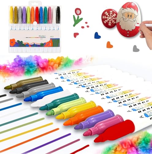 Acrylstifte für Steine Wasserfest,Stifte Steine Bemalen,12 Farben Acrylstifte Marker Stifte Set,Acrylic Paint Marker Stifte für Gästebuch, DIY Scrapbook zum Bemalen Keramik,Glas,Steine,Holz Deko von Bavooty