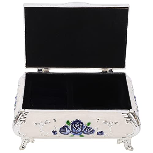 Baxnore Handgeschnitzte Schmuckschatulle von, Metallschmuckschatulle mit Rosenprägung, Aufbewahrungsbox für antiken Schmuck aus Zinklegierung, Schmuck-Organizer (silberweiße blaue Rose) von Baxnore