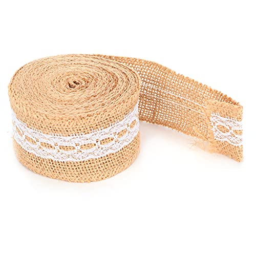 Baxnore Sackleinenband, Jute-Stoff-Bastelband mit weißer Spitze, Jute-Rolle, Sackleinen-Stoff-Bastelband, Jute-Sackleinen-Bandrolle für Dekoration, Verpackung, 5 Yards (5cm middle eyelet lace) von Baxnore