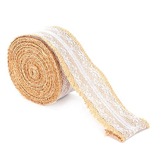 Baxnore Sackleinenband, Jute-Stoff-Bastelband mit weißer Spitze, Jute-Rolle, Sackleinen-Stoff-Bastelband, Jute-Sackleinen-Bandrolle für Dekoration, Verpackung, 5 Yards (5cm middle lace) von Baxnore