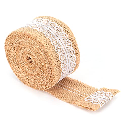 Baxnore Sackleinenband, Jute-Stoff-Bastelband mit weißer Spitze, Jute-Rolle, Sackleinen-Stoff-Bastelband, Jute-Sackleinen-Bandrolle für Dekoration, Verpackung, 5 Yards (5cm toothed lace) von Baxnore