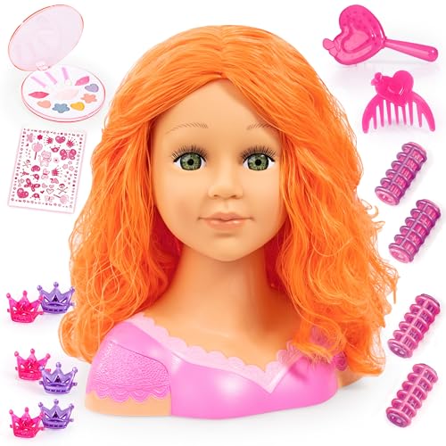 Bayer Design 90088BO Frisierkopf Charlene Super Model, Puppenkopf mit Haarzubehör, Schminke, Haare, 27 cm, rot orange, M von Bayer Design