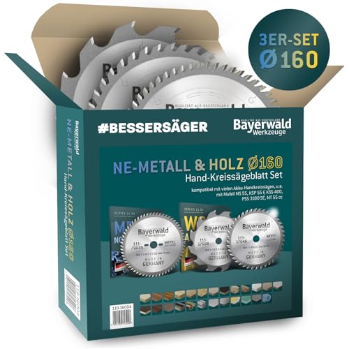 Bayerwald Kreissägeblatt Set Ø160 (3 tlg.) - für NE-Metall & Holz - geeignet für Handkreissägen von Bosch, Festool, Mafell uvm. von Bayerwald Werkzeuge