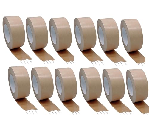 12 Rollen Packband Papier 50mm x 50m, FADENVERSTÄRKT - 130µ - Starke Klebkraft mit Naturkautschuk, umweltfreundliches Klebeband aus Kraftpapier - nachhaltiges Paketklebeband - Papierklebeband von Bayli