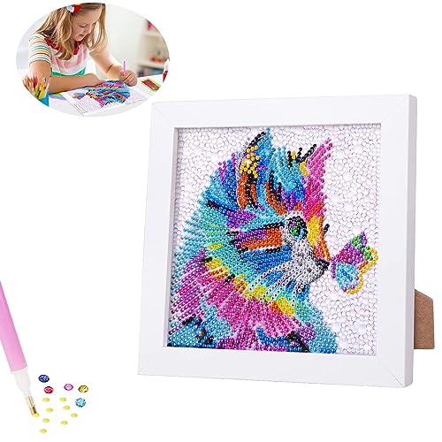 Diamond Painting Kinder Mit Holzrahmen, 5D DIY Diamond Painting Set Full Katze Mosaikherstellung für Kinder Mädchen, Erwachsene, Diamant Painting Bilder Arts Craft für Home Wand Decor 18x18 cm (M) von Bayuyi