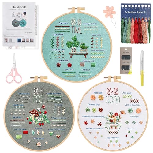 Bcuuozeeing Stickset für Anfänger, Sticken Set Erwachsene, Blumenmuster Pflanzen Embroidery Kit Stickerei Set mit Mustern und Anleitungen Kreuzstich Set, Sticken Set Stickrahmen Holz DIY Set von Bcuuozeeing