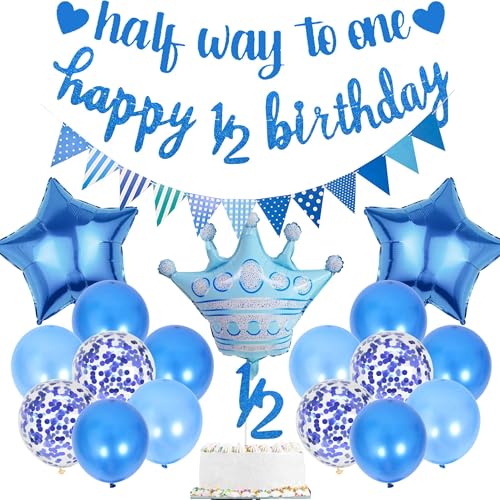 Bcxiuso Half Way to One Dekorationen – 20 Stück blaue halbe Geburtstag Baby Jungen Happy 1/2 Birthday Banner Konfetti Luftballons Kuchen Topper für 6 Monate Partyzubehör von Bcxiuso