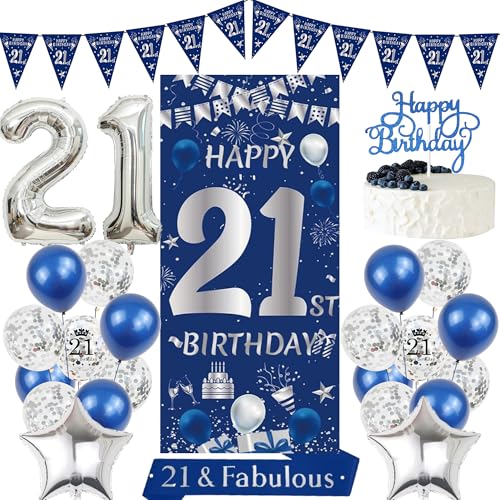 Blaue Luftballons zum 21. Geburtstag – 23 Stück Happy 21st Birthday Hintergrund Banner Nummer 21 Folienballon Schärpe für Männer Frauen 21 Jahre alt Jahrestag Party Dekor Supplies von Bcxiuso