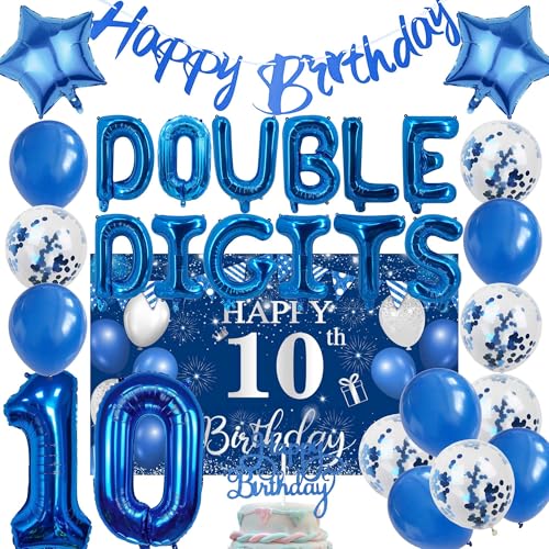 Dekorationen zum 10. Geburtstag für Jungen – 31 Stück Blau Doppelstellige Partyzubehör einschließlich Nummer 10 Folienballon Hintergrund Kuchen Topper für 10 Jahre alte Geburtstagsdekoration von Bcxiuso