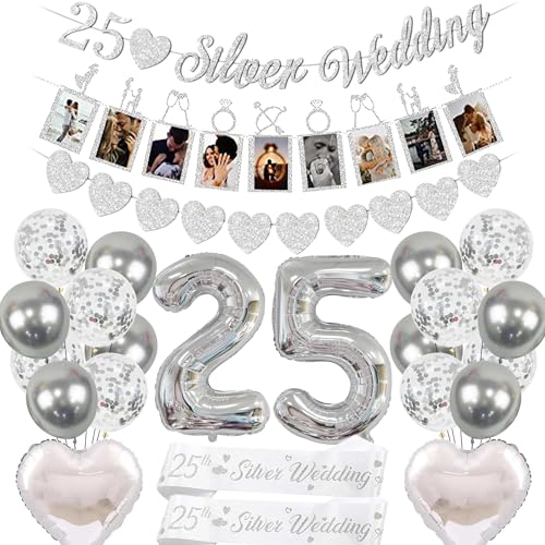 Dekorationen zum 25. Hochzeitstag – 25. Silberhochzeit Banner Herz Wimpelkette Foto Requisiten Rahmen Banner Folienballons Schultergurt für Valentinstag Hochzeit Party Dekor Supplies von Bcxiuso