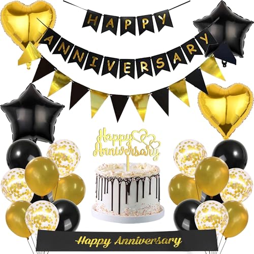 Happy Anniversary Banner Hochzeit Dekorationen – 26 Stück Schwarz Gold Jubiläumsbedarf einschließlich Hochzeitstorte Topper Konfetti Latex Ballons Liebe Ballon für Hochzeitstag Dekoration von Bcxiuso