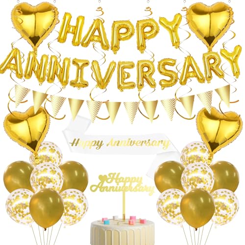 Happy Anniversary Banner Hochzeit Dekorationen – 43 Stück Gold Jubiläumszubehör einschließlich Hochzeitstorte Topper Konfetti Latex Ballons Liebe Ballon für 40. Hochzeitstag Dekoration von Bcxiuso