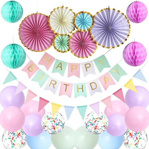 Happy Birthday Party Macaron Dekorationen – 28 Stück Pastell Happy Birthday Thema Banner Dreieck Wimpelkette Latex Ballons Faltfächer Papierblume für Mädchen Jungen Party Dekor Supplies von Bcxiuso