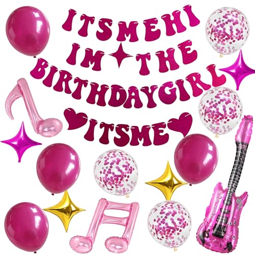 It's Me Geburtstagsparty-Dekorationen – 16 Stück, rosarot, "It's Me Hi I'm The Birthday Girl", "It's Me", Banner, Musiknoten, Gitarrenballons für Musikzubehör, Glitzer, Sänger, Party-Girlande, von Bcxiuso