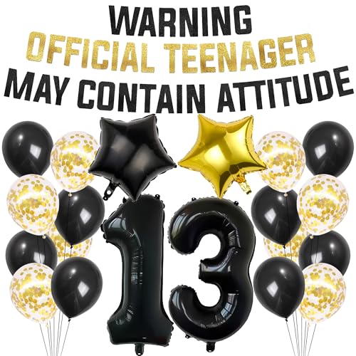 Party-Dekorationen zum 13. Geburtstag – 21 Stück Warnung, offizielle Teenager kann Attitude Banner Nummer 13 Folienballon für Jungen und Mädchen zum 13. Geburtstag von Bcxiuso