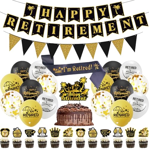 Retirement Decorations Banner Balloons Kit - 32 Pcs Happy Retire Banner Balloon Triangle Flag Cake Topper Shoulder Straps Black Gold Decoration For Men Women Retirement Office Work Graduation Gift von Bcxiuso