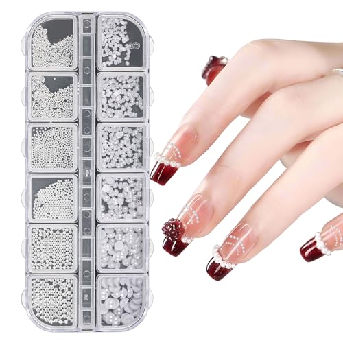 Bczhieulw 1 Schachtel mit 12 Fächern Nail Charms,Weiße Perlen für Nägel,Halbrunde Perlenkugeln,Charms Nägel,Klein Edelstahl-Perlen, Nageldesign Zubehör,Nail Art,Nagel Steine,Glitzersteine für Gesicht von Bczhieulw